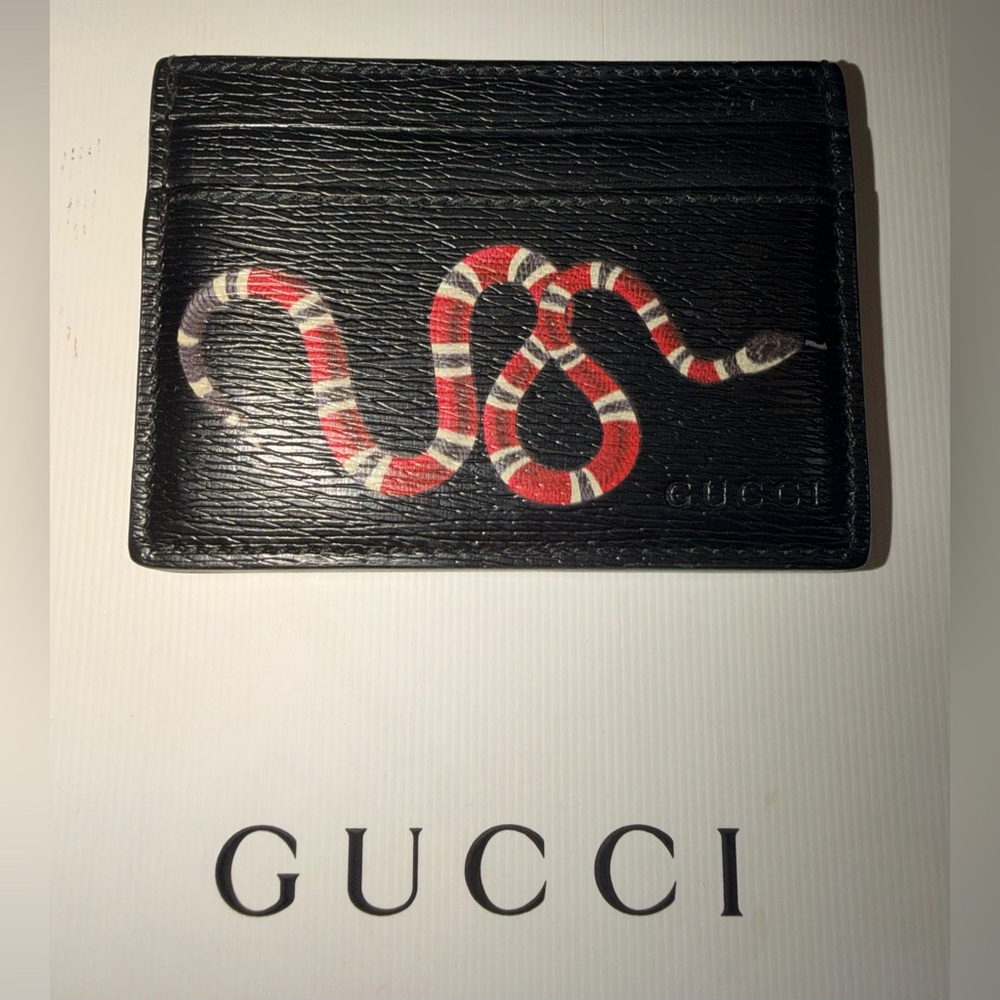 Gucci Black Card Holder with Red and White Snake